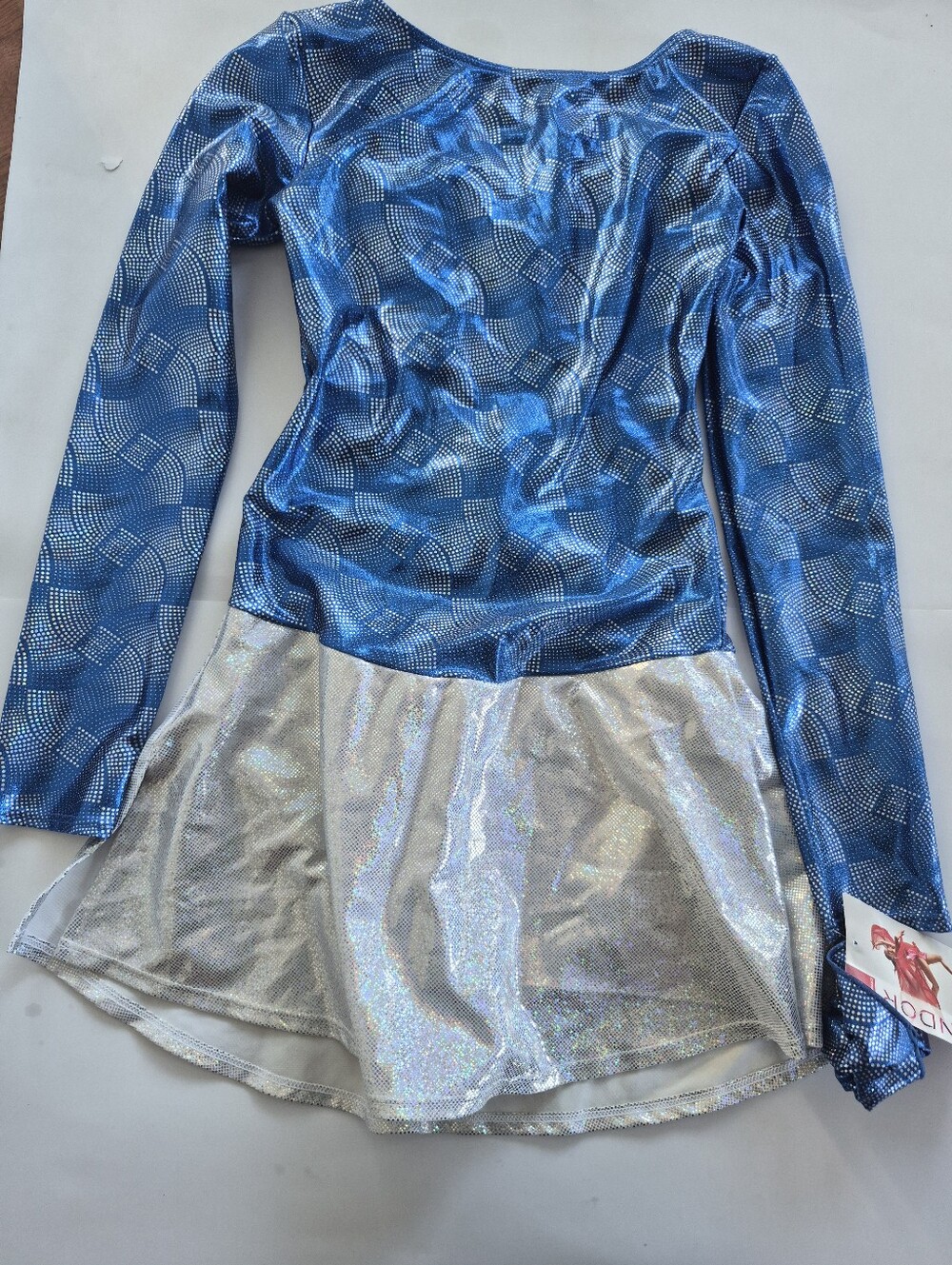 Blue Metallic Long Sleeve Dress Silver Adult Mondor Figure Skating Dress NWT Xl